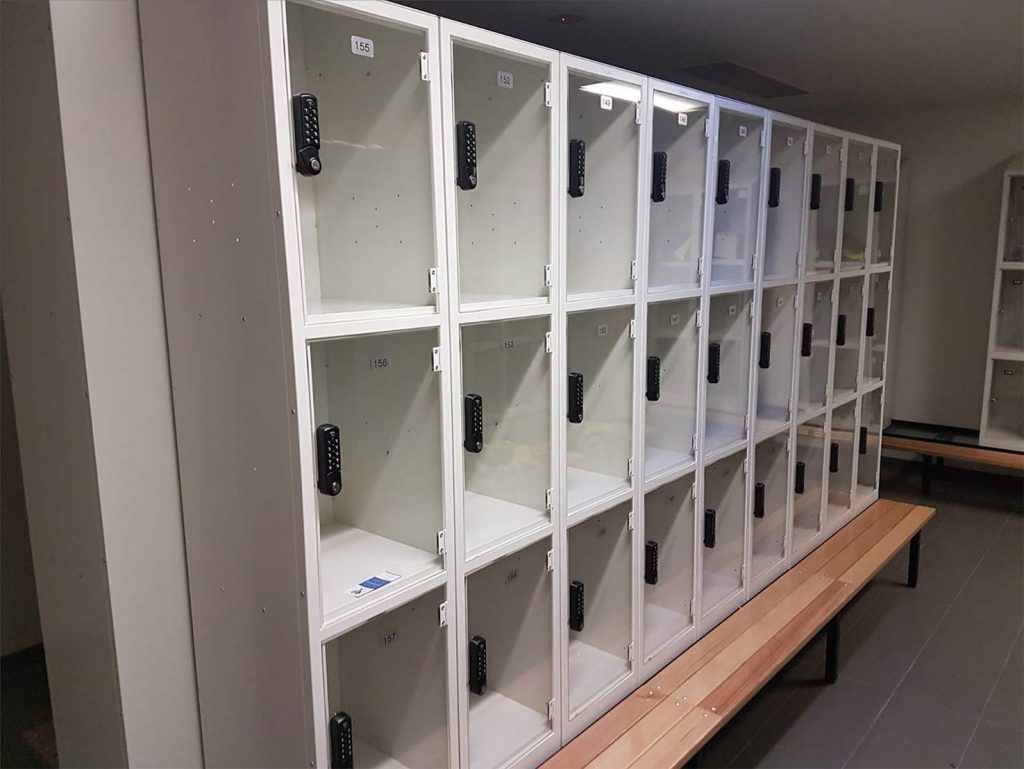 Four Tier Sloping Top Clearview Lockers with Timber Slat Seating – DHL Altona