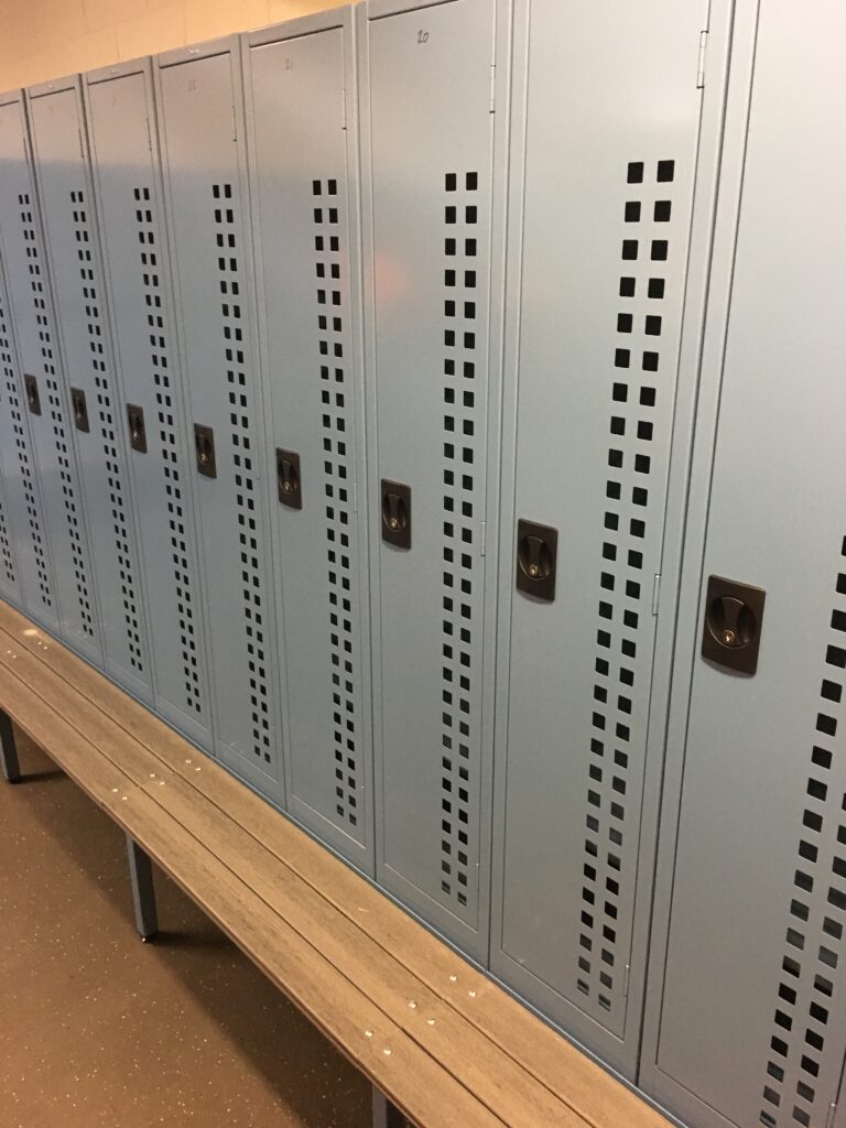 Perforated Services Lockers – Stand with Timber Slat Seating