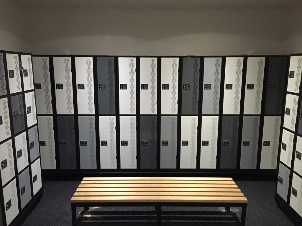 Two Tier Coin Operated Contemporary Lockers with Timber Bench